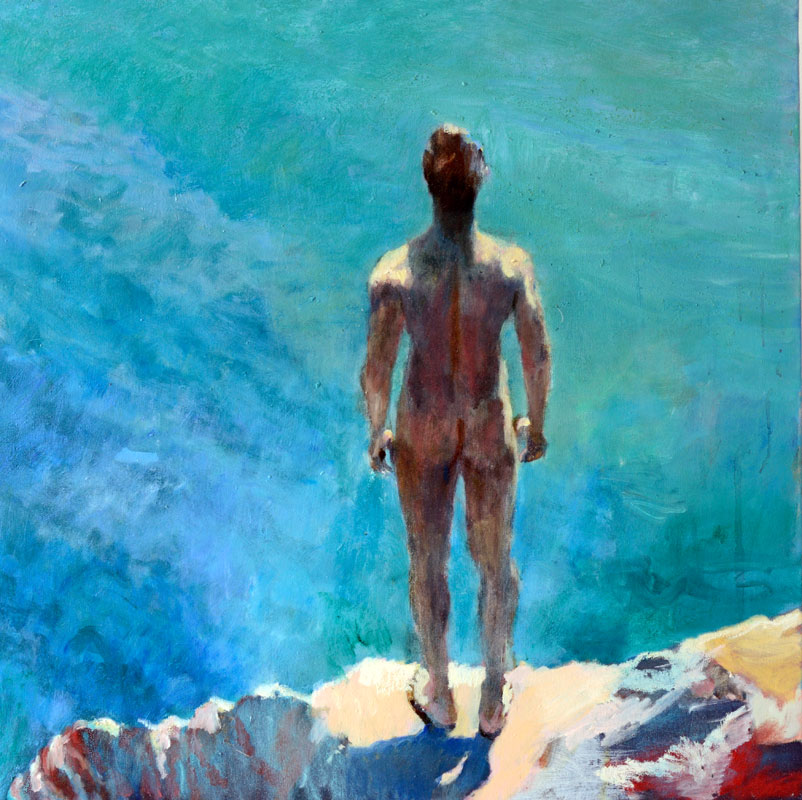Painting of naked man standing on the red cliff - Cala Rosa - near Palermo - and contemplating the sea